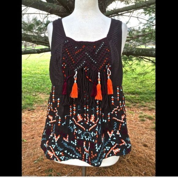 Anthropologie brown tassel fringe embroider Top - Picture 2 of 4
